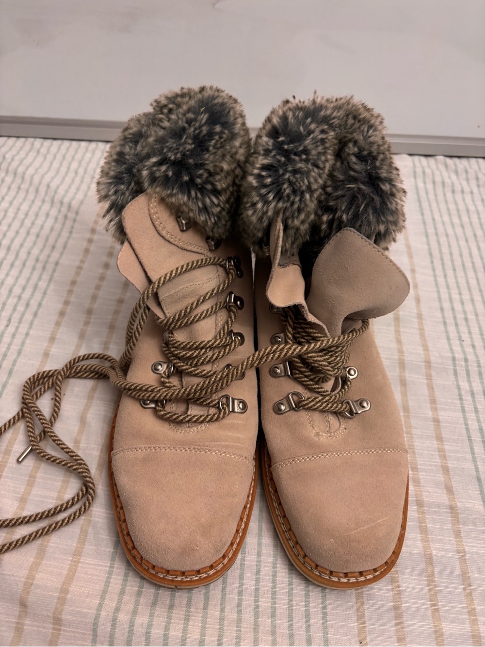 Sam Edelman Beige Suede Lace-Up Ankle Boots with Faux-Fur Cuff